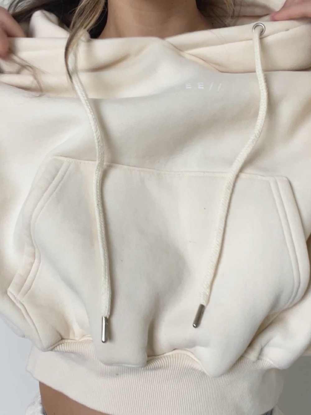 Cropped Cream Hoodie with Kangaroo Pocket
